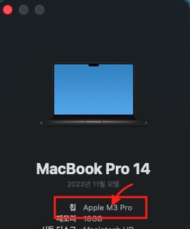 칩 항목에 Apple M3 Pro 라고 표시된 화면