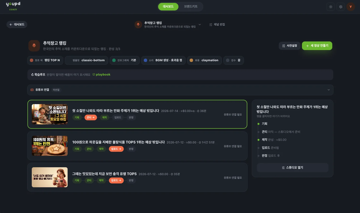 youpd 대시보드 — 채널 파이프라인과 영상별 진행 현황